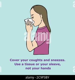 Couvrez vos toux et éternuements. Utilisez un mouchoir ou votre manche, pas vos mains, tracez un simple dessin de recomendation Banque D'Images