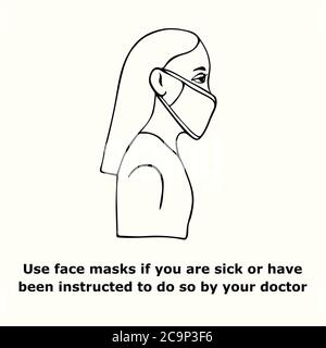 Utilisez un masque facial si vous êtes malade, tracez un simple Doodle Banque D'Images