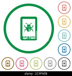 Logiciels mobiles malveillants icônes de couleur plate dans des contours ronds sur fond blanc Illustration de Vecteur