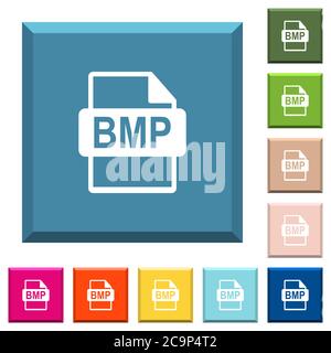 Format de fichier BMP icônes blanches sur des boutons carrés bordés dans différentes couleurs tendance Illustration de Vecteur