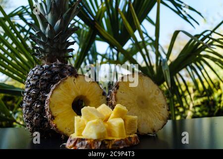 ananas en tranches devant les palmiers Banque D'Images