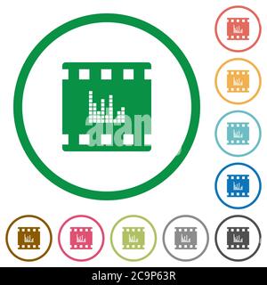 Le film émet des icônes de couleur plate dans des contours ronds sur fond blanc Illustration de Vecteur