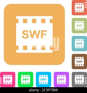 Icônes plates au format SWF sur des arrière-plans carrés arrondis aux couleurs vives. Illustration de Vecteur