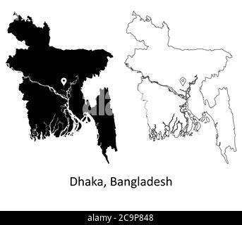 Dhaka Bangladesh. Carte détaillée du pays avec code PIN Capital City Location. Cartes silhouettes et vectorielles noires isolées sur fond blanc. Vecteur EPS Illustration de Vecteur