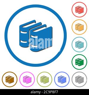 Deux livres icônes vectorielles couleur plates avec ombres dans des contours ronds sur fond blanc Illustration de Vecteur