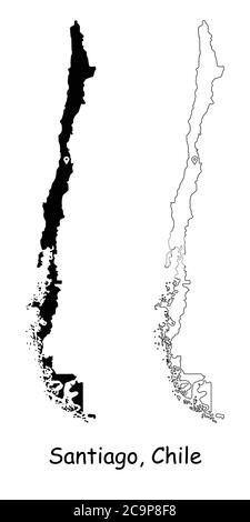 Santiago Chili. Carte détaillée du pays avec broche d'emplacement sur Capital City. Cartes silhouettes et vectorielles noires isolées sur fond blanc. Vecteur EPS Illustration de Vecteur