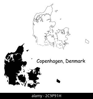 Copenhague Danemark. Carte détaillée du pays avec broche d'emplacement sur Capital City. Cartes silhouettes et vectorielles noires isolées sur fond blanc. Vecteur EPS Illustration de Vecteur