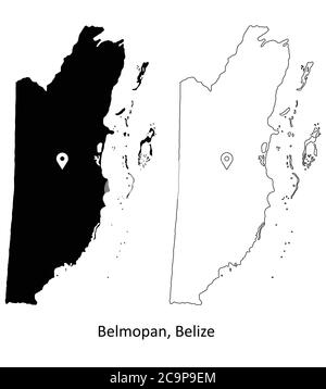 Belmopan Belize. Carte détaillée du pays avec broche d'emplacement sur Capital City. Cartes silhouettes et vectorielles noires isolées sur fond blanc. Vecteur EPS Illustration de Vecteur