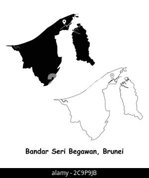 Bandar Seri Begawan Brunei. Carte détaillée du pays avec broche d'emplacement sur Capital City. Cartes silhouettes et vectorielles noires isolées sur fond blanc. EP Illustration de Vecteur