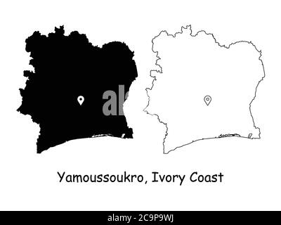 Yamoussoukro Côte d'Ivoire. Carte détaillée du pays avec broche d'emplacement sur Capital City. Cartes silhouettes et vectorielles noires isolées sur fond blanc. EPS Illustration de Vecteur