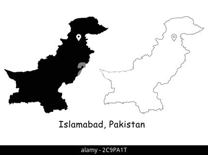 Islamabad, République islamique du Pakistan. Carte détaillée du pays avec broche d'emplacement sur Capital City. Cartes silhouettes et vectorielles noires isolées sur b blanc Illustration de Vecteur