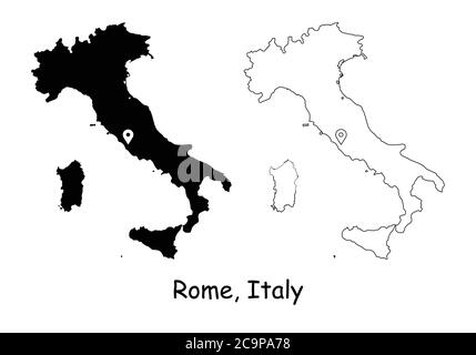 Rome Italie. Carte détaillée du pays avec broche d'emplacement sur Capital City. Cartes silhouettes et vectorielles noires isolées sur fond blanc. Vecteur EPS Illustration de Vecteur