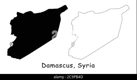 Damas, Syrie. Carte détaillée du pays avec broche d'emplacement sur Capital City. Cartes silhouettes et vectorielles noires isolées sur fond blanc. Vecteur EPS Illustration de Vecteur