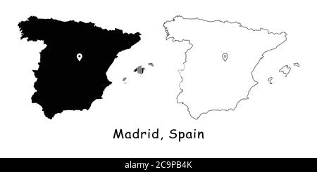 Madrid, Espagne. Carte détaillée du pays avec broche d'emplacement sur Capital City. Cartes silhouettes et vectorielles noires isolées sur fond blanc. Vecteur EPS Illustration de Vecteur