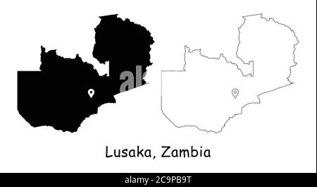 Lusaka, Zambie. Carte détaillée du pays avec broche d'emplacement sur Capital City. Cartes silhouettes et vectorielles noires isolées sur fond blanc. Vecteur EPS Illustration de Vecteur