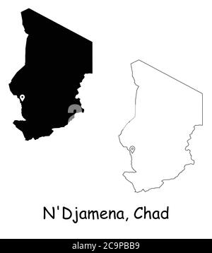 N'Djamena Tchad. Carte détaillée du pays avec broche d'emplacement sur Capital City. Cartes silhouettes et vectorielles noires isolées sur fond blanc. Vecteur EPS Illustration de Vecteur