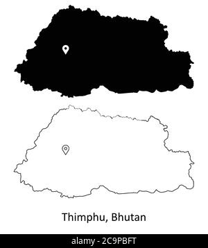 Thimphu Bhoutan. Carte détaillée du pays avec broche d'emplacement sur Capital City. Cartes silhouettes et vectorielles noires isolées sur fond blanc. Vecteur EPS Illustration de Vecteur