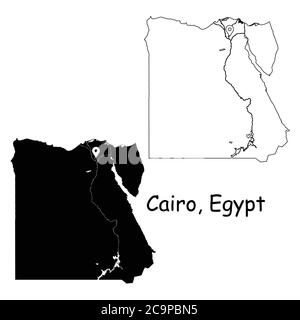 Le Caire Égypte. Carte détaillée du pays avec broche d'emplacement sur Capital City. Cartes silhouettes et vectorielles noires isolées sur fond blanc. Vecteur EPS Illustration de Vecteur