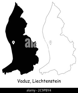 Vaduz Liechtenstein. Carte détaillée du pays avec broche d'emplacement sur Capital City. Cartes silhouettes et vectorielles noires isolées sur fond blanc. Vecteur EPS Illustration de Vecteur