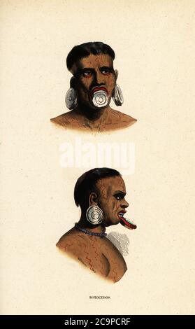 Portraits de Botocudo hommes du Brésil avec leurs bouchons en bois distinctifs dans la lèvre et l'oreille. Botocudos. Bois de couleur main coupé par L. Markaert d'après le prince Maximilian de Wed-Neuwied de Auguste Wahlen's Moeurs, Usages et costumes de tous les clochers du monde, (manières, coutumes et costumes de tous les peuples du monde) Librairie Historique-artistique, Bruxelles, 1845. Wahlen était le pseudonyme de Jean-François-Nicolas Loumyer (1801-1875), écrivain et archiviste du département héraldique de Belgique. Banque D'Images