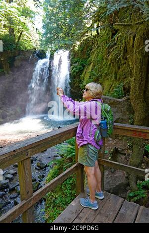 Un randonneur marche le long du ruisseau McDowell dans le parc du comté de McDowell Creek à Sweet Home, Oregon, sur la pente ouest des montagnes Cascade et sur le bord Banque D'Images