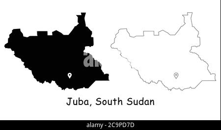 Juba, République du Soudan du Sud. Carte détaillée du pays avec broche d'emplacement sur Capital City. Cartes silhouettes et vectorielles noires isolées sur fond blanc Illustration de Vecteur