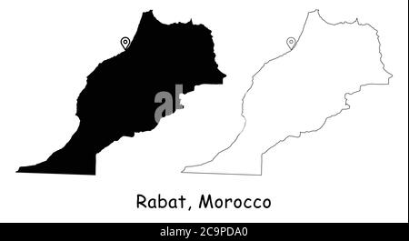 Rabat, Maroc. Carte détaillée du pays avec broche d'emplacement sur Capital City. Cartes silhouettes et vectorielles noires isolées sur fond blanc. Vecteur EPS Illustration de Vecteur