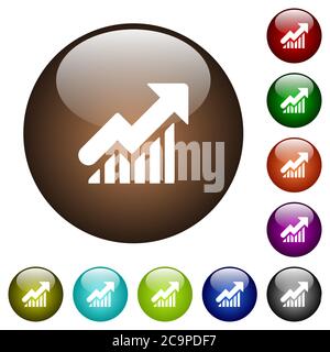 Les icônes blanches du graphique montant sont affichées sur les boutons ronds en verre Illustration de Vecteur