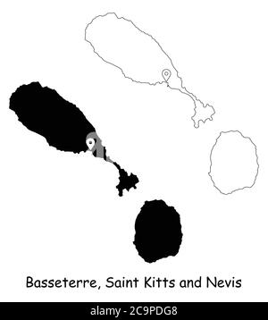 Basseterre, Saint-Kitts-et-Nevis. Carte détaillée du pays avec broche d'emplacement sur Capital City. Cartes silhouettes et vectorielles noires isolées sur fond blanc. Illustration de Vecteur