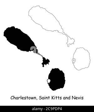 Charlestown, Saint-Kitts-et-Nevis. Carte détaillée du pays avec broche d'emplacement sur Capital City. Cartes silhouettes et vectorielles noires isolées sur fond blanc Illustration de Vecteur