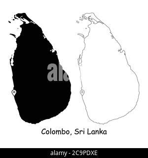 Colombo, Sri Lanka. Carte détaillée du pays avec broche d'emplacement sur Capital City. Cartes silhouettes et vectorielles noires isolées sur fond blanc. Vecteur EPS Illustration de Vecteur