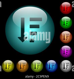 Icônes de mode de liste ordre décroissant en couleur boutons sphériques éclairés sur fond noir. Peut être utilisé pour les modèles noirs ou sombres Illustration de Vecteur