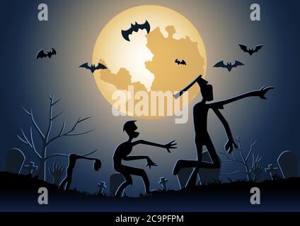 Arrière-plan Halloween avec promenade zombie dans le cimetière à minuit, illustration vectorielle Illustration de Vecteur
