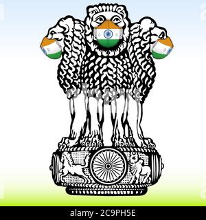 Symbole de pays de l'Inde avec masques chirurgicaux anti-covid avec drapeaux indiens, illustration vectorielle Illustration de Vecteur