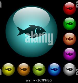 Icônes de poissons en couleur boutons sphériques lumineux en verre sur fond noir. Peut être utilisé pour les modèles noirs ou sombres Illustration de Vecteur