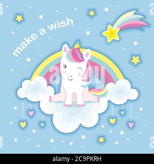 Une licorne blanche et mignonne sur un nuage. L'inscription fait un souhait. Illustration pour enfants. Animal fantastique. Pour la conception de tirages, affiches, cartes postales. Illustration de Vecteur