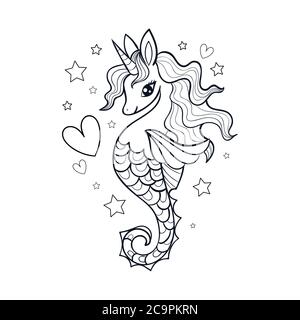 Seahorse, illustration noir et blanc du vecteur unicorn. Style Doodle. Pour la conception d'imprimés, d'affiches, de livres à colorier, d'autocollants, de cartes, etc. VEC Illustration de Vecteur