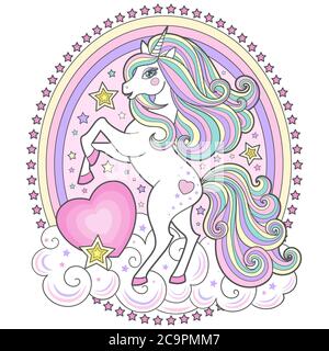 Magnifique licorne blanche. Animal fantastique. Composition en cercle. Pour la conception d'imprimés, d'affiches, d'autocollants, de cartes, etc. Vector Illustration de Vecteur