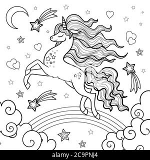 Licorne qui traverse l'arc-en-ciel. Image en noir et blanc. Animal fantastique. Pour la conception de livres à colorier, des imprimés. Affiches. Tatouage. Carte de vœux Illustration de Vecteur