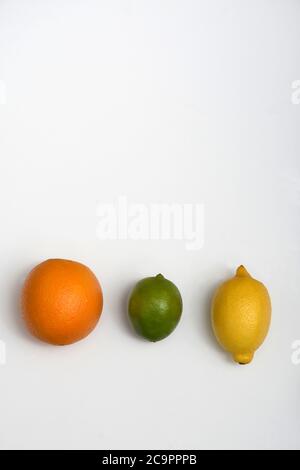 FÊTE DES AGRUMES : une collection d'oranges, de limes et de citrons est disposée dans une couche plate sur un fond blanc pur. Banque D'Images