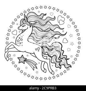 Exécution d'unicorn dans un cadre rond d'étoiles. Illustration vectorielle Doodle. Personnage de dessin animé. Image de contour. Noir et blanc. Pour la conception des tirages, po Illustration de Vecteur