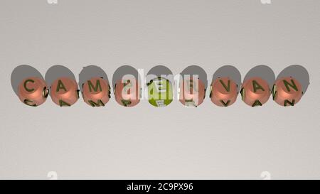 mots croisés de CAMPERVAN disposés par des lettres cubes sur un fond miroir, concept signification et présentation. Voiture et camping. Illustration 3D Banque D'Images
