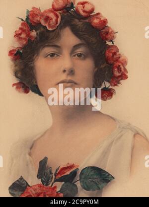 Art nouveau Portrait photographique néo-classique de couleur main avec roses Banque D'Images