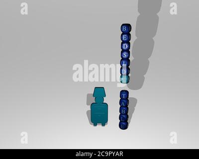 Représentation 3D de LA TABLE DE CHEVET avec icône sur le mur et texte disposé par des lettres métalliques cubes sur un sol miroir pour la signification du concept et la présentation du diaporama. Chambre et intérieur Banque D'Images