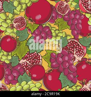 Motif coloré sans couture avec grenades et raisins de style vintage Illustration de Vecteur