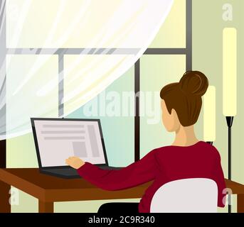 Travailleur de bureau ou indépendant. Jolie femme est assise au bureau et travaille sur l'ordinateur. Espace de travail confortable, intérieur moderne. Bureau à domicile Illustration de Vecteur