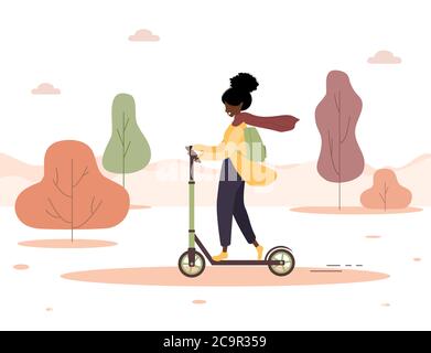 Arrière-plan de l'automne. Une femme africaine de dessin animé en scooter dans le parc. Un mode de vie sain. Transport écologique. Illustration vectorielle moderne de style plat. Illustration de Vecteur