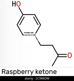 Cétone de framboise, frabinone, rhéosmine , molécule C10H12O2. Il s'agit d'un composé phénolique naturel et d'un additif alimentaire. Formule chimique du squelette. Illustration Banque D'Images