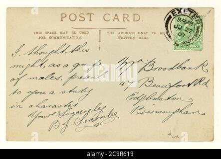 Au verso de la carte postale du début des années 1900 (timbre vert demi-penny du roi Edward VII) posté par Exeter à Devon, juin 1907, Royaume-Uni Banque D'Images