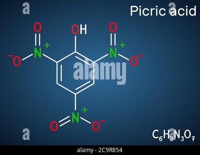 Molécule d'acide picrique ( 2,4,6-trinitrophénol, TNP, C6H3N3O7). Il a un rôle comme un explosif, un antiseptique. Formule chimique structurelle sur le dar Illustration de Vecteur